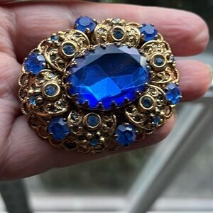 Elegant SIGNED West GERMANY Vintage Brooch Pin Blue Rhinestones 1960…